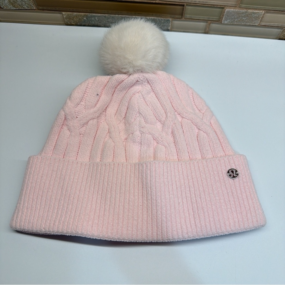Lululemon Pink Cable Knit Beanie with Pom Pom